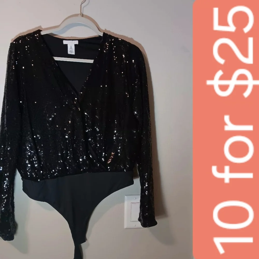 Black Sequin Wrap Bodysuit - Picture 2 of 14